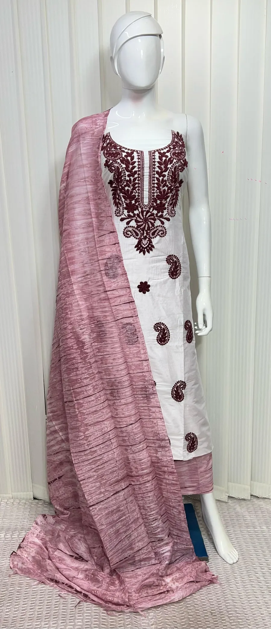 Pure Silk With Elegant Neckline Salwar Suit With Lucknowi Embroidery